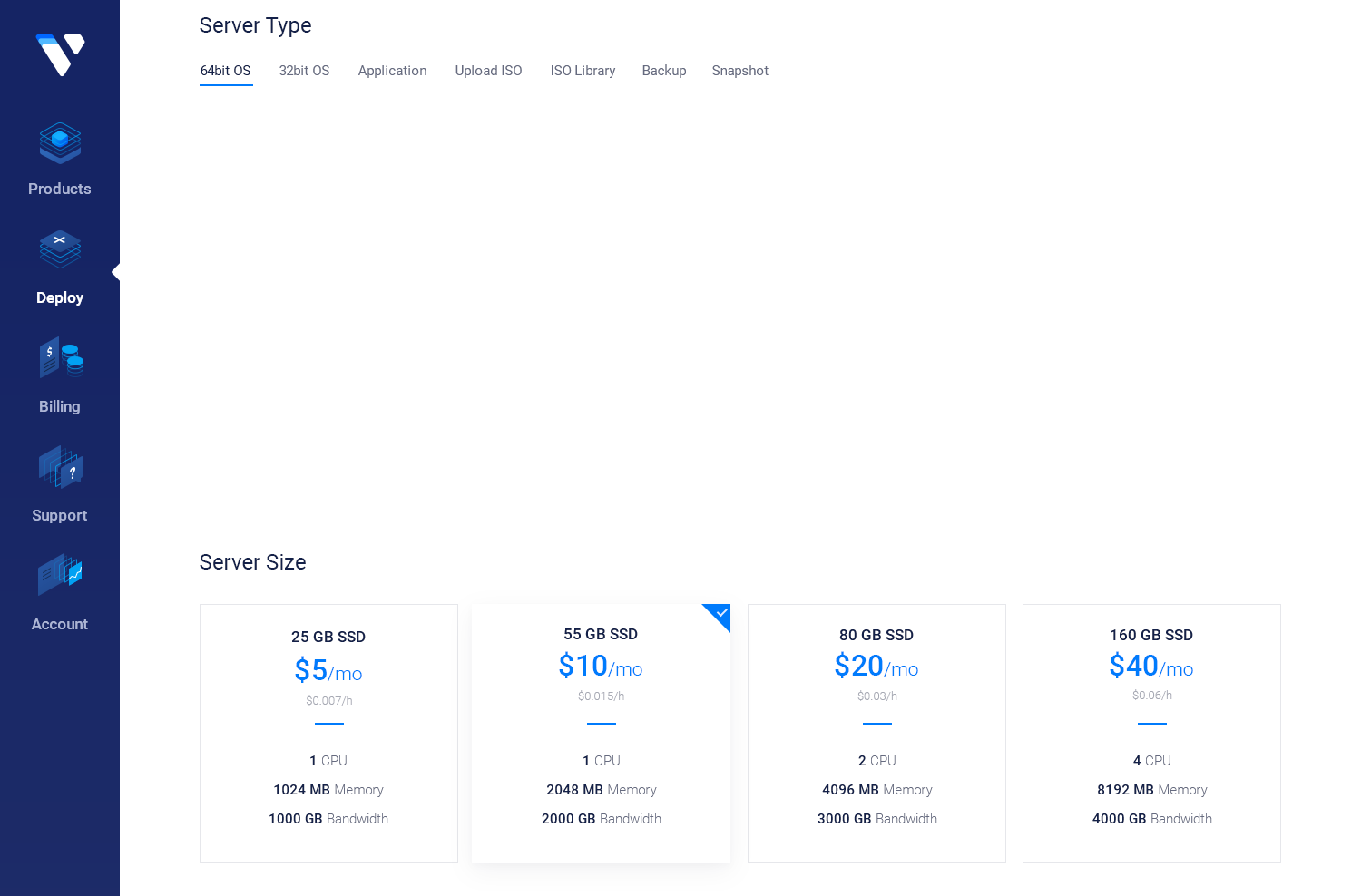 Preview of the Vultr server deploy page control panel for Arch Linux on a web browser.