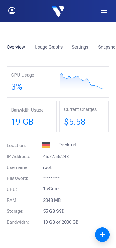 Preview of the Vultr management interface for Arch Linux on a mobile device.